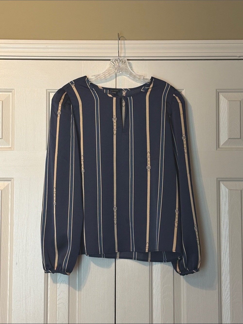 Ann Taylor Navy & Tan Stripe Long Sleeve Blouse